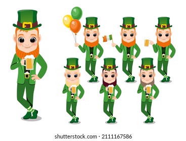 Happy Saint Patrick's Day with leprechaun boy with beer glass, Irish flag and Irish Balloon. Cartoon Character Boy Vector