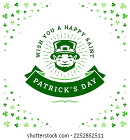 Happy Saint Patrick's Day leprechaun portrait vintage greeting card typographic template vector illustration. Irish troll fairy tale character in hat Celtic folklore holiday green clover background