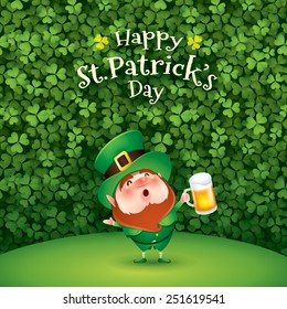 Happy Saint Patricks Day. Leprechaun in clover leaves background.