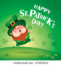 Happy Saint Patricks Day! Leprechaun on the clover field.