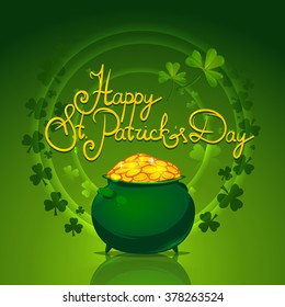 Happy Saint Patricks Day, leprechaun pot of gold on green background, vector illustration, shamrocks circle