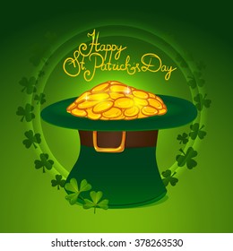 Happy Saint Patricks Day, leprechaun hat with gold on green background, vector illustration, shamrocks circle