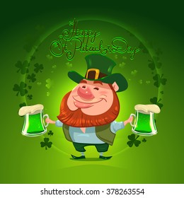 Happy Saint Patricks Day, leprechaun with beer on green background, vector illustration