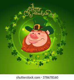 Happy Saint Patricks Day, leprechaun head on background, vector illustration, shamrocks circle