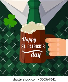 Happy Saint Patrick's Day, leprechaun man with beer mug congratulation and clover. Postcard flat design. 