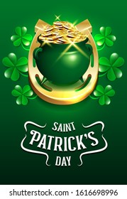 Happy Saint Patrick's Day leprechaun's pot of coins and Shamrock
