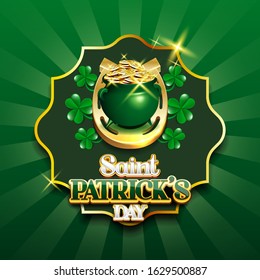 Happy Saint Patrick's Day leprechaun's pot of coins and Shamrock