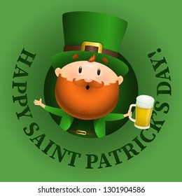 Happy Saint Patricks Day lettering and Leprechaun with beer. St Patricks Day poster. Typed text, calligraphy. For leaflets, brochures, invitations, posters or banners.