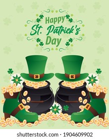happy saint patricks day lettering with treasure coins in cauldron and boots vector illustration design