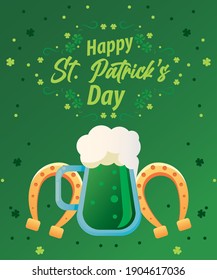 happy saint patricks day lettering with green beer and horseshoes vector illustration design