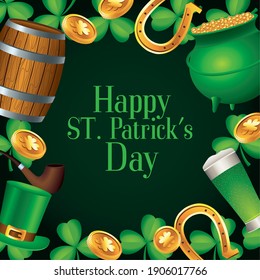 happy saint patricks day lettering with treasure cauldron and beers vector illustration design