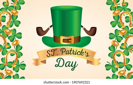 happy saint patricks day lettering with tophat and wooden pipes vector illustration design