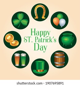 happy saint patricks day lettering with set icons around vector illustration design