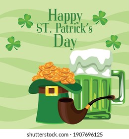 happy saint patricks day lettering poster with tophat and beer vector illustration design