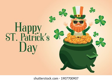 happy saint patricks day lettering poster with leprechaun in treasure cauldron vector illustration design