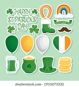 happy saint patricks day lettering with set icons vector illustration design