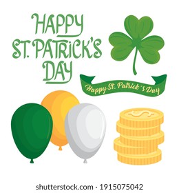 happy saint patricks day lettering in ribbon and set icons vector illustration design