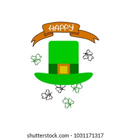 Happy Saint Patrick's Day logotype. Hand drawn typography badge with green hat and shamrock. Hand sketched Irish celebration design. Beer festival typography icon