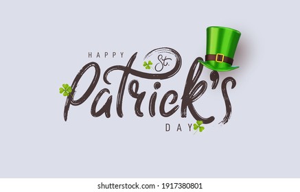 Happy Saint Patrick's Day logotype. Irish celebration design. Beer festival lettering typography icon. Drawn typography badge with green hat and shamrock. Vector elements isolated on white background.