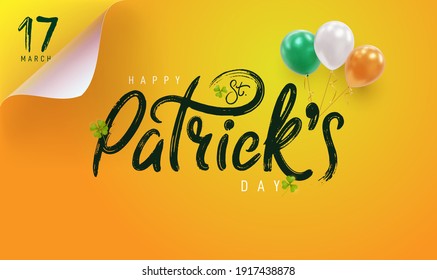 Happy Saint Patrick's Day logotype. Irish celebration design. Beer festival lettering typography icon. Drawn typography badge with balloons and shamrock. Vector elements isolated on white background.