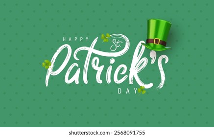 Happy Saint Patrick's Day logotype. Irish celebration design. Beer festival lettering typography icon. Drawn typography badge with green hat and shamrock. Vector elements isolated on green background.