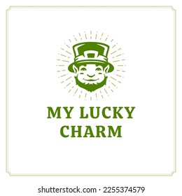 Happy Saint Patrick's Day lucky charm leprechaun mascot vintage greeting card vector flat illustration. Irish folklore holiday traditional bright troll hat portrait festive celebration antique frame