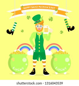 happy saint patrick's day, man with beard wearing green costume and hat and shamrock four leaf clover, flat vector illustration character cartoon design isolated clip art