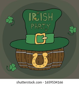 Happy Saint Patrick's day. March 17. Irish party. Banner, invitation, poster. Green clover, leprechaun hat, beer barrels, good luck horseshoe.