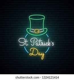Happy Saint Patrick's Day neon sign. Bright signboard with Leprechaun hat. Vector St. Patricks Day light banner.
