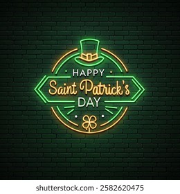 Happy Saint Patrick`s Day neon sign. Bright signboard with Leprechaun hat. Vector St. Patricks Day light banner vector illustration