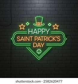 Happy Saint Patrick`s Day neon sign. Bright signboard with Leprechaun hat. Vector St. Patricks Day light banner vector illustration