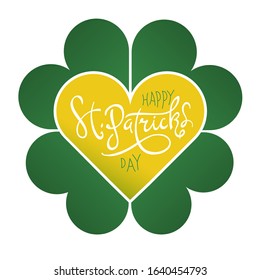 Happy Saint Patrick's Day on four-leaf clover flower. Abstract St. Patrick day logo vector design template. Clover leaf shape with heart, combined to four-leaf lucky symbol. 