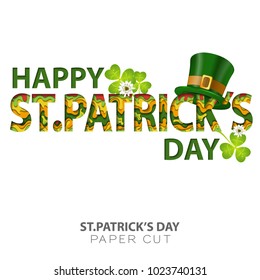 Happy Saint Patrick's Day Paper Cut with Hat and Shamrock for web banners, flyer, poster and printing advertising. Isolated vector illustration