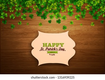 Happy Saint Patrick's day, paper banner frame with shamrock leaves on wood background, vector illustration