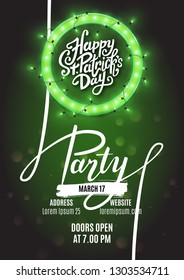 Happy Saint Patrick's Day party flyer template retro neon heart with led lights, vector illustration