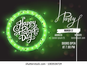 Happy Saint Patrick's Day party flyer template retro neon heart with led lights, vector illustration