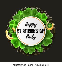 Happy Saint Patrick's Day Party banner with realistic Clover leaves and Gold Horseshoe luck icon. Horizontal holidays poster. Lucky Irish pattern texture. Scottish ornament. Vector illustration