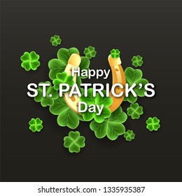 Happy Saint Patrick's Day Party banner with realistic Clover leaves and Gold Horseshoe luck icon. Festiv holidays poster. Lucky Irish traditional texture. Scottish ornament. Vector illustration