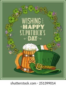 Happy Saint Patrick's Day Party Poster - Vintage typography style background. Sketch. Doodle design.