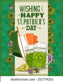 Happy Saint Patrick's Day Party Poster - Vintage typography style background. Sketch. Doodle design.