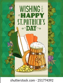 Happy Saint Patrick's Day Party Poster - Vintage typography style background. Sketch. Doodle design.