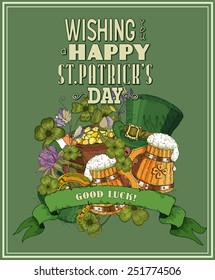 Happy Saint Patrick's Day Party Poster - Vintage typography style background. Sketch. Doodle design.
