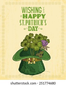 Happy Saint Patrick's Day Party Poster - Vintage typography style background. Sketch. Doodle design.