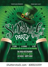 Happy Saint Patrick's Day Party festive hat, burst, text and shamrock background design. For celebration of St. Patrick's Day. EPS 10 vector.