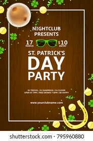 Happy Saint Patrick's Day Party Flyer. Top View on Festive Composition with Beer Glass, Horseshoe, Golden Coins and Clover Leaves on Wooden Texture. Vector Illustration. Invitation to nightclub.