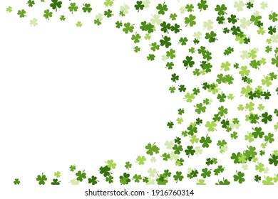 Happy Saint Patrick's day pattern made of trefoil clover with blank space on left. Stock vector illustration on white background