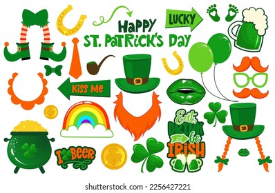 Happy Saint Patricks Day photo booth prop set. Premium vector lucky charm, shamrock, beard, leprechaun hat, rainbow, pot with gold. Irish party photo booth. Let the shenanigans begin. svg