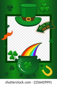 Happy saint Patrick's Day photo frame. you can insert your picture. With traditional Irish symbols around it. Funny photo frame in vector. Let the shenanigans begin. Kiss me I am Irish.