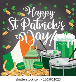 happy saint patrick's day poster with drum, gold coins, green beer and irish flag for background 