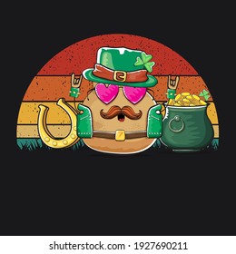 Happy Saint Patrick's day poster with funky leprechaun potato character with green Patricks hat and Pot Full of Golden Coins on vintage sunset background. Rock n roll Patricks day  funky character
